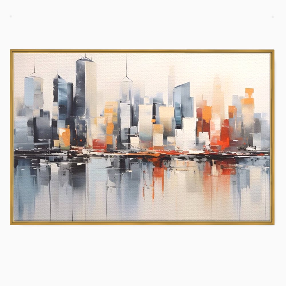 Tablou canvas cu tablou canvas cu peisaj urban abstract, in rama de aluminiu auriu