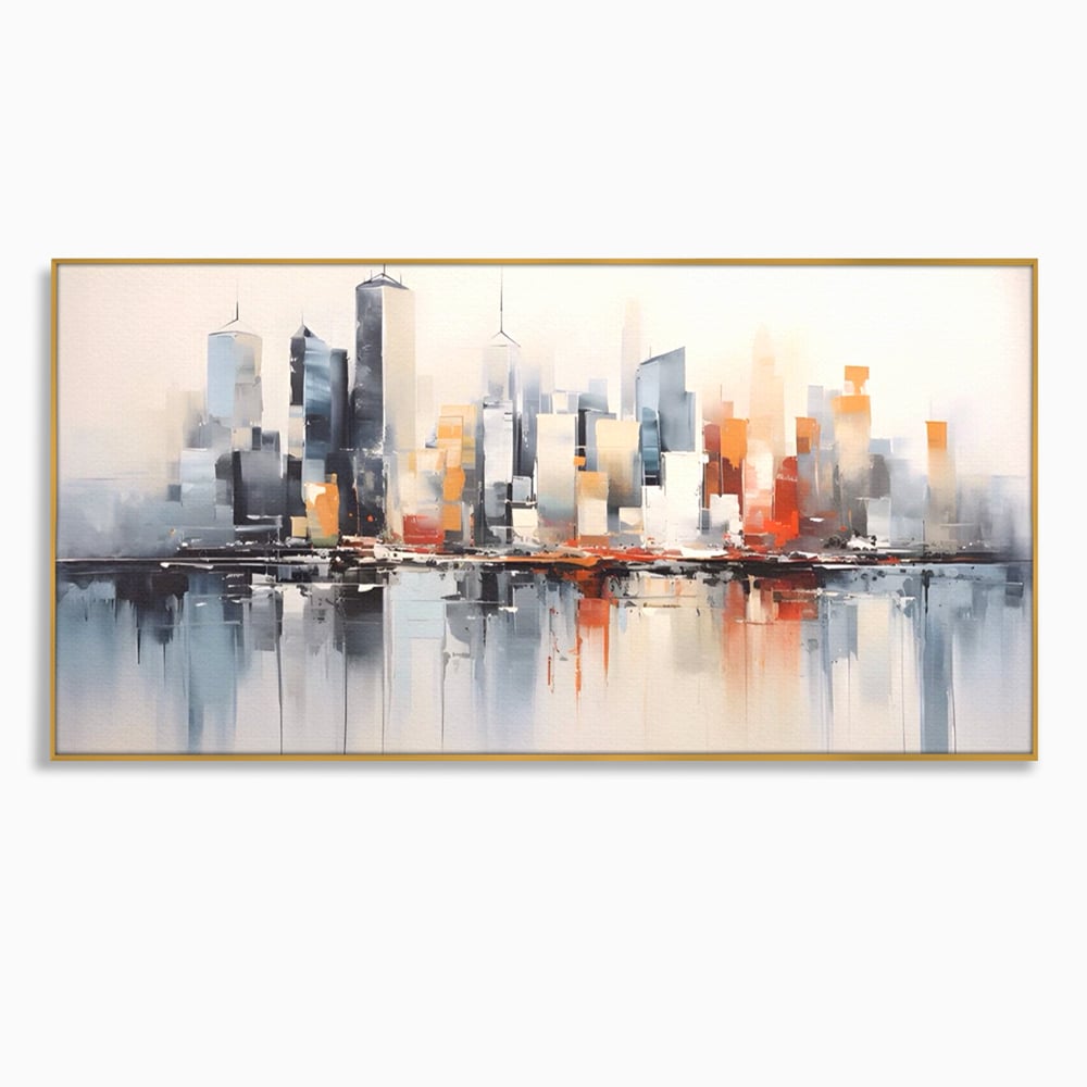 Tablou canvas cu tablou canvas cu peisaj urban abstract, in rama de aluminiu auriu