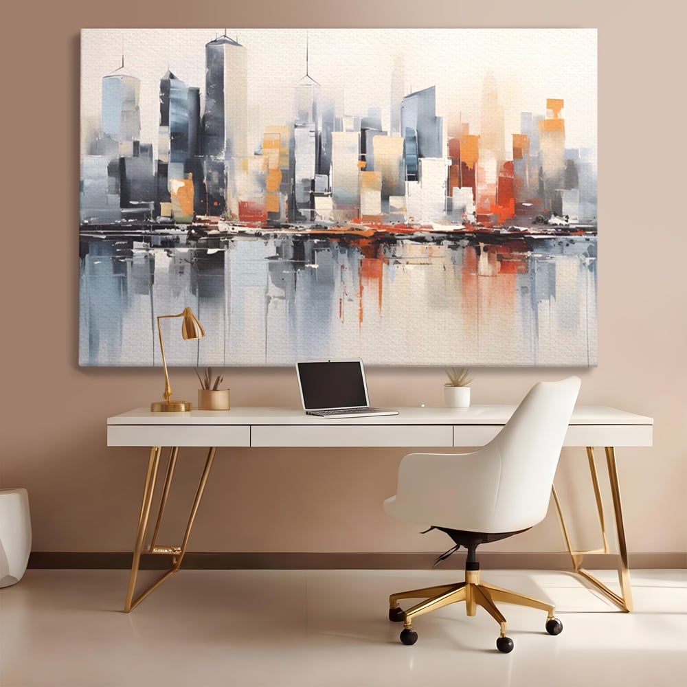 Tablou canvas cu tablou canvas cu peisaj urban abstract, fara rama, pe sasiu de lemn, pe perete intr-un birou