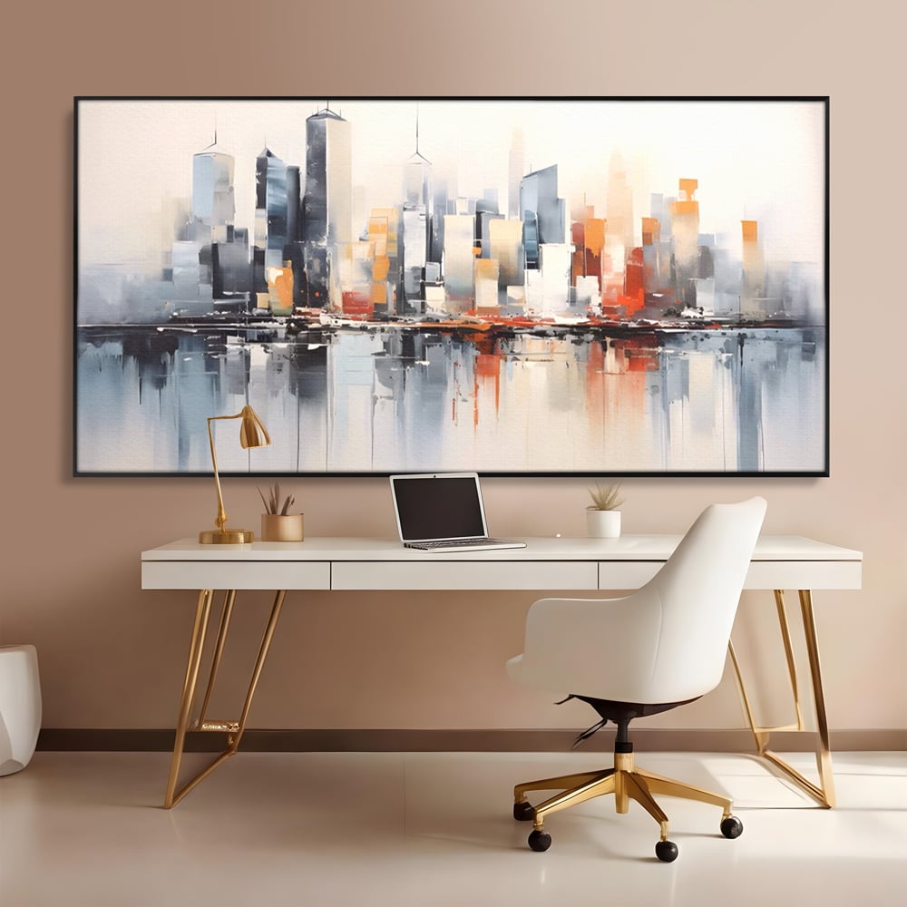 Tablou canvas cu tablou canvas cu peisaj urban abstract, in rama de aluminiu negru, pe perete intr-un birou