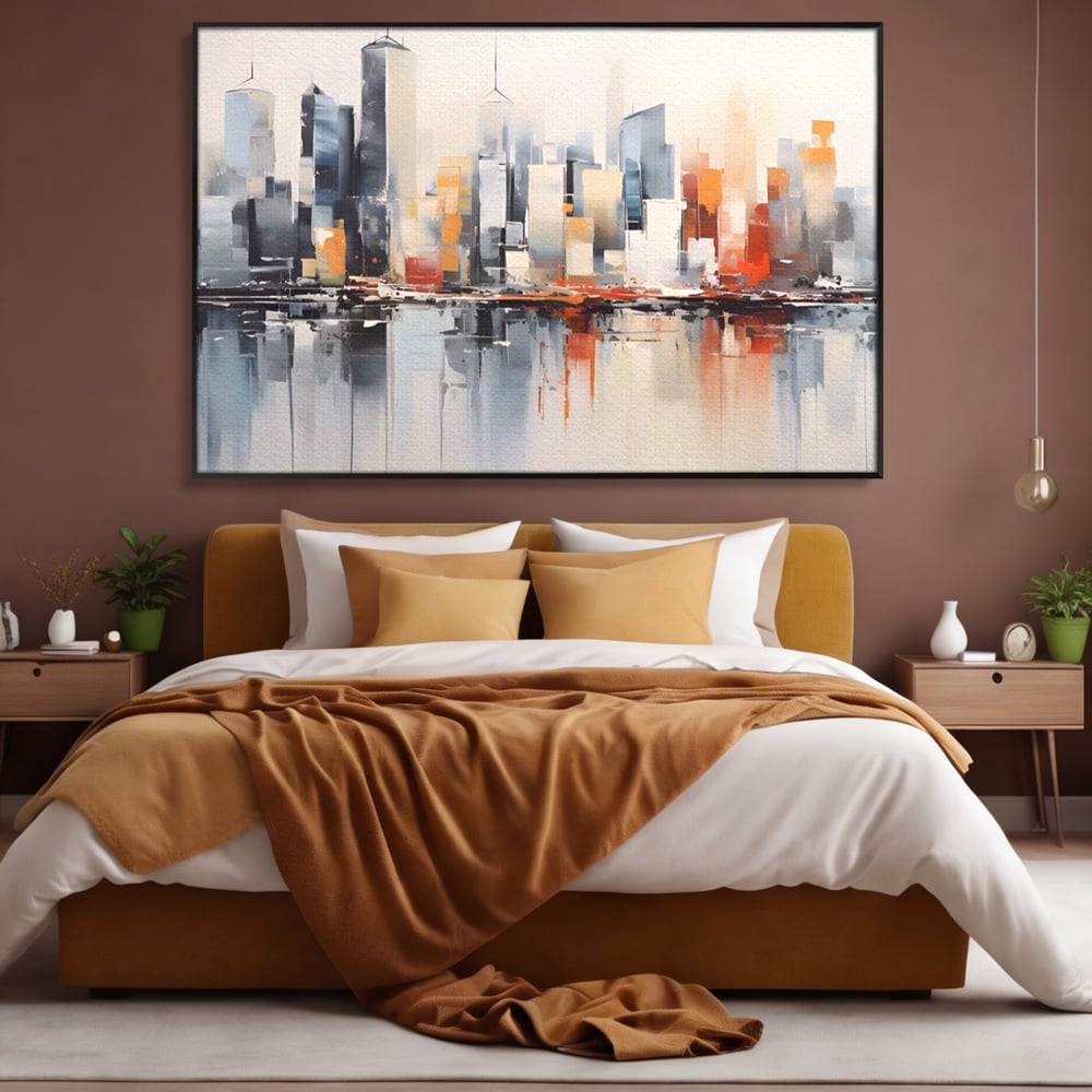 Tablou canvas cu tablou canvas cu peisaj urban abstract, in rama de aluminiu negru, pe perete intr-un dormitor