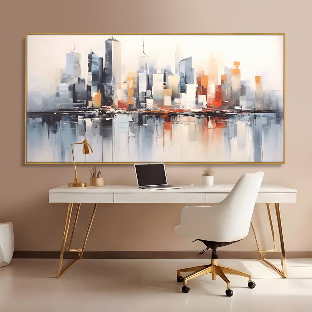 Tablou canvas cu tablou canvas cu peisaj urban abstract, in rama de aluminiu auriu, pe perete intr-un birou