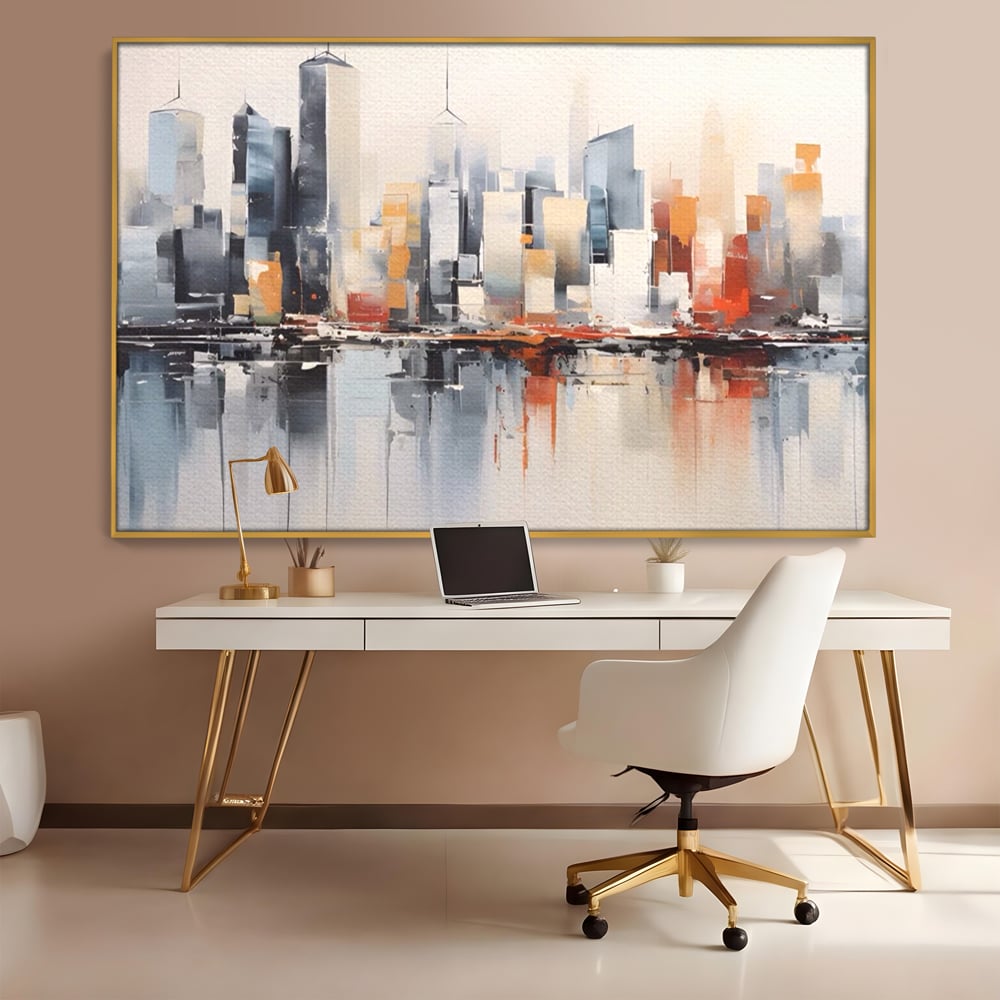 Tablou canvas cu tablou canvas cu peisaj urban abstract, in rama de aluminiu auriu, pe perete intr-un birou