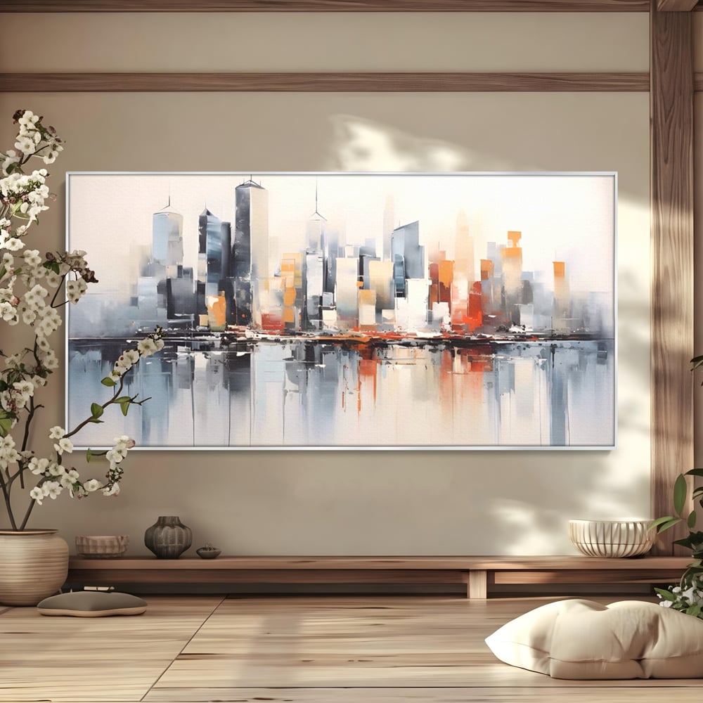 Tablou canvas cu tablou canvas cu peisaj urban abstract, in rama de aluminiu argintiu