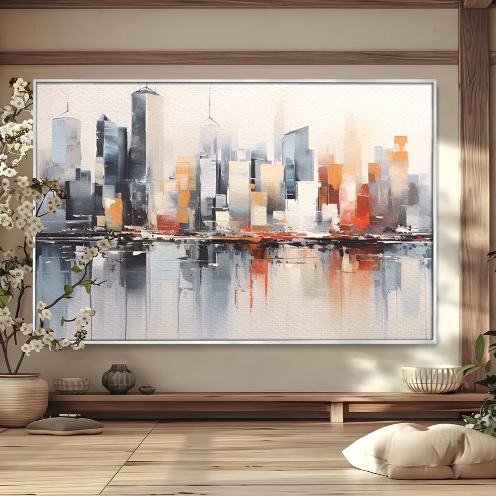 Tablou canvas cu tablou canvas cu peisaj urban abstract, in rama de aluminiu argintiu