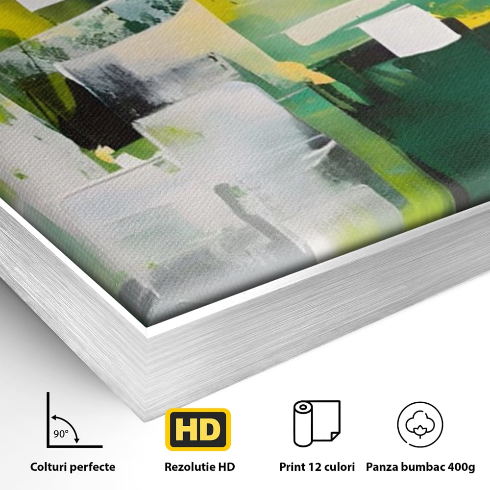Detaliu al suprafetei: pictura abstracta cu pete verzi si galbene, in rama de aluminiu argintiu