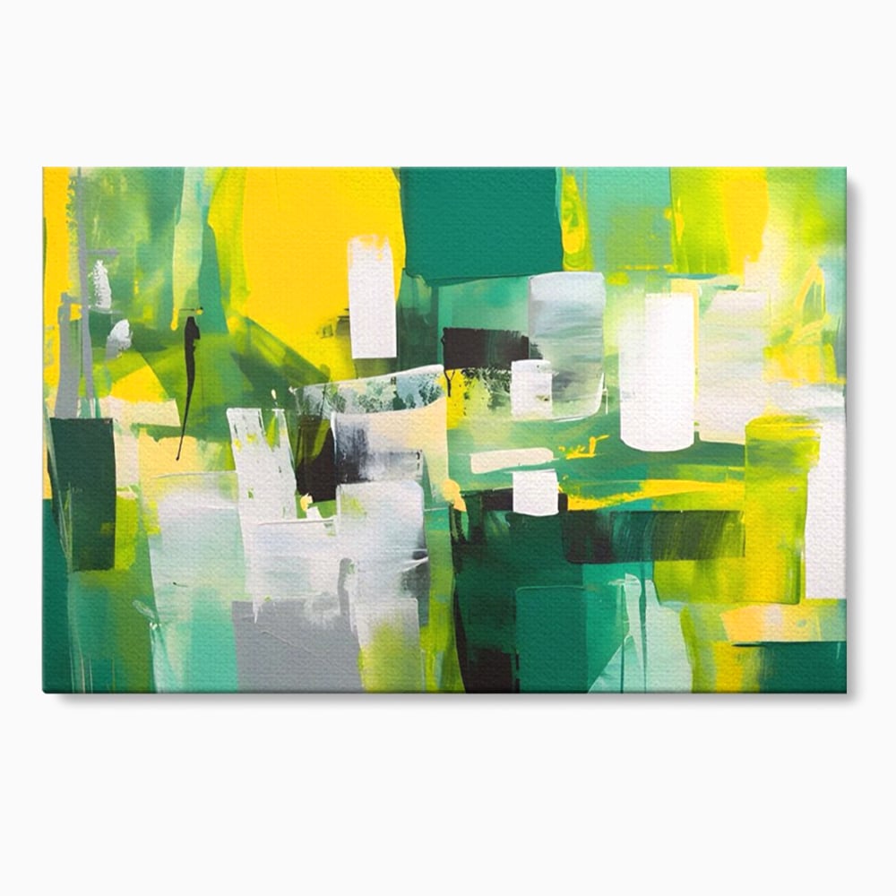 Tablou canvas cu pictura abstracta cu pete verzi si galbene, fara rama, pe sasiu de lemn