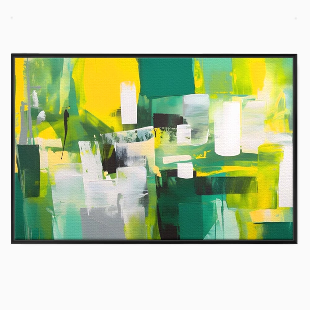 Tablou canvas cu pictura abstracta cu pete verzi si galbene, in rama de aluminiu negru