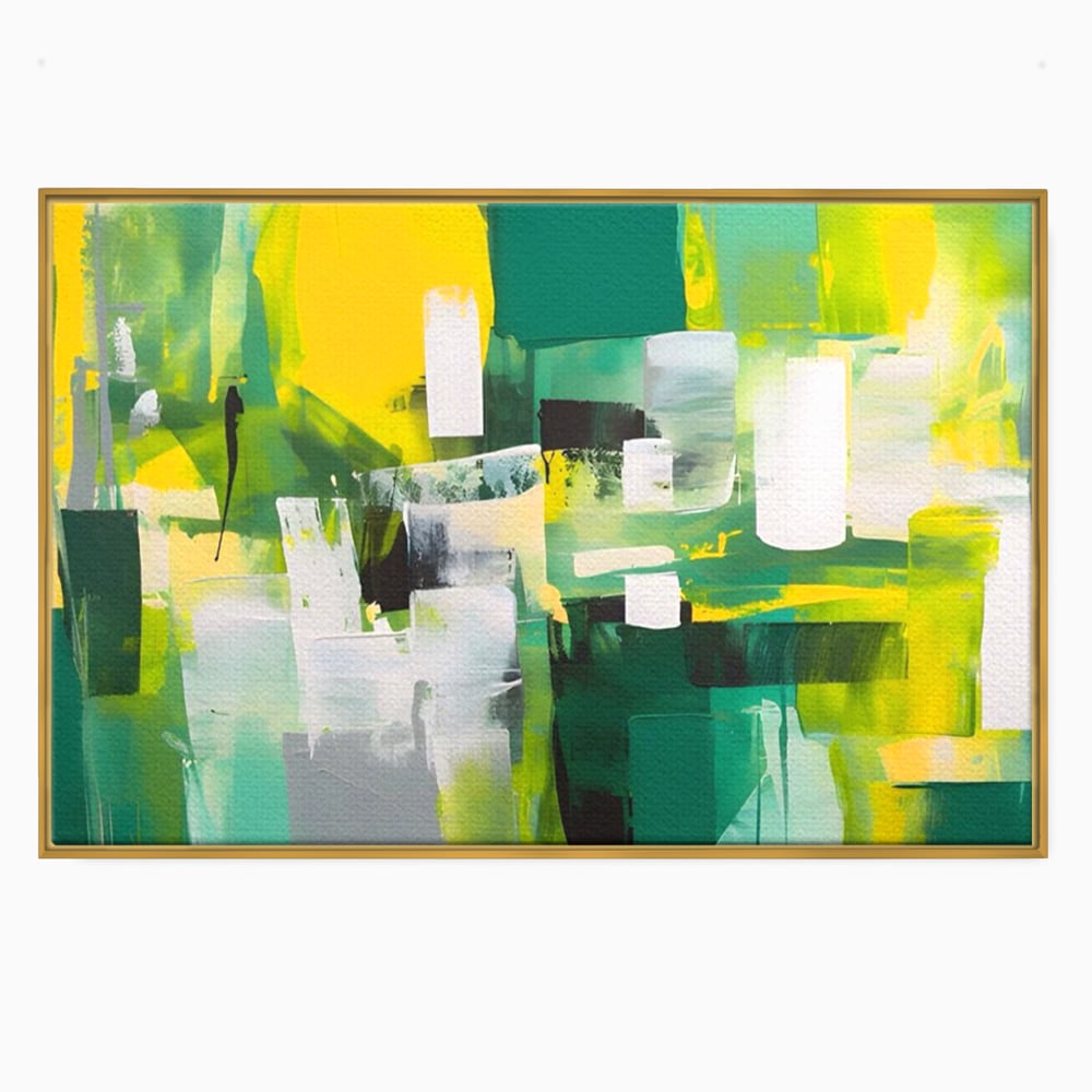 Tablou canvas cu pictura abstracta cu pete verzi si galbene, in rama de aluminiu auriu