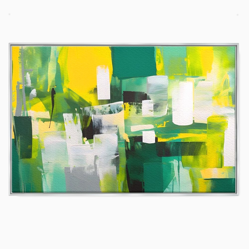 Tablou canvas cu pictura abstracta cu pete verzi si galbene, in rama de aluminiu argintiu