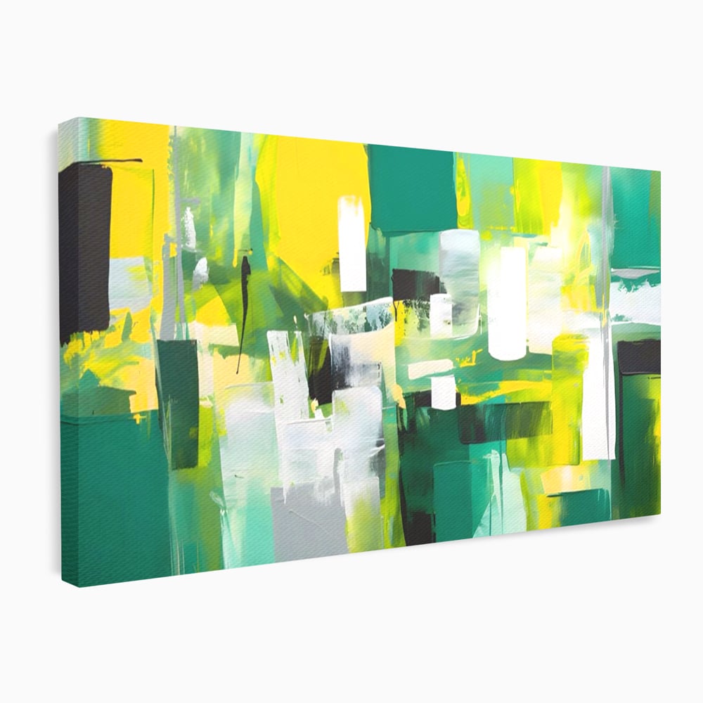 Tablou canvas cu pictura abstracta cu pete verzi si galbene, fara rama, pe sasiu de lemn
