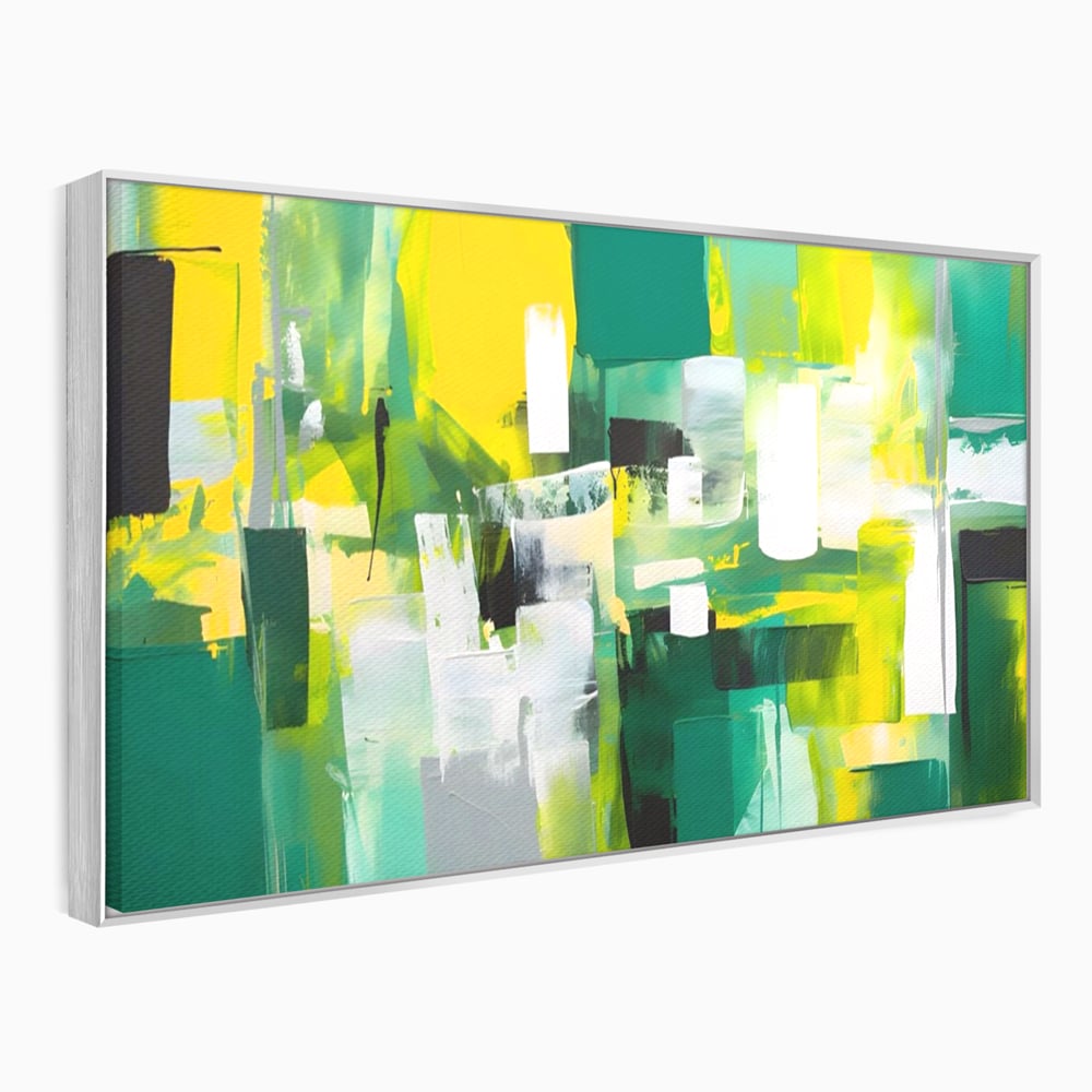 Tablou canvas cu pictura abstracta cu pete verzi si galbene, in rama de aluminiu argintiu