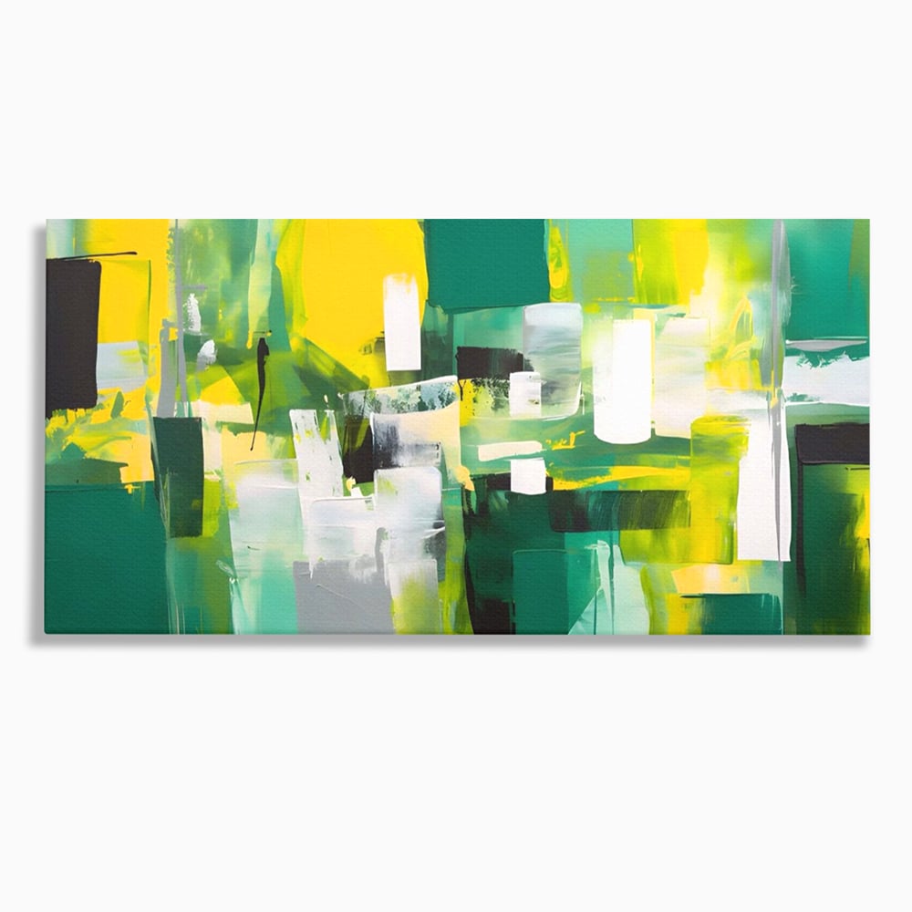 Tablou canvas cu pictura abstracta cu pete verzi si galbene, fara rama, pe sasiu de lemn