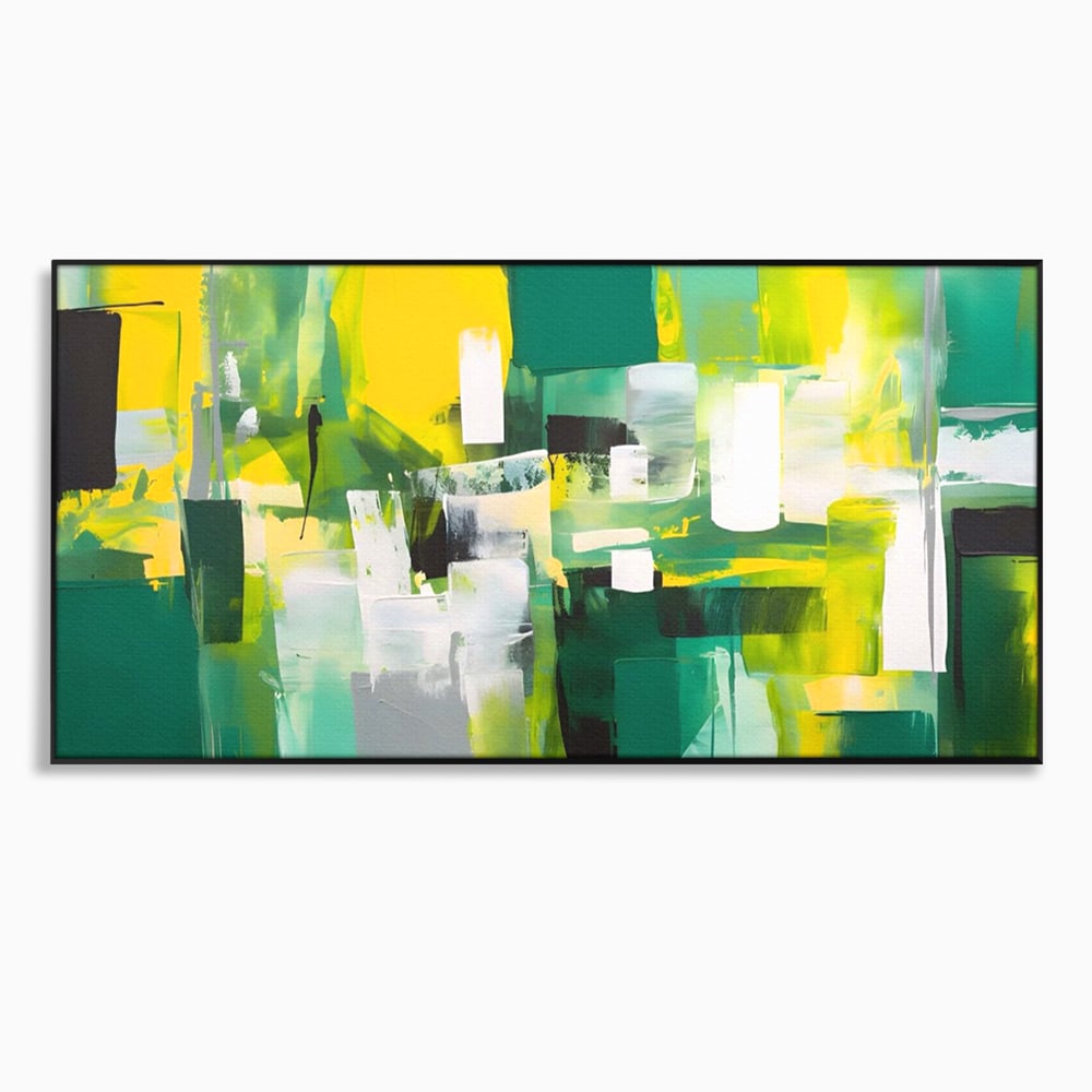 Tablou canvas cu pictura abstracta cu pete verzi si galbene, in rama de aluminiu negru