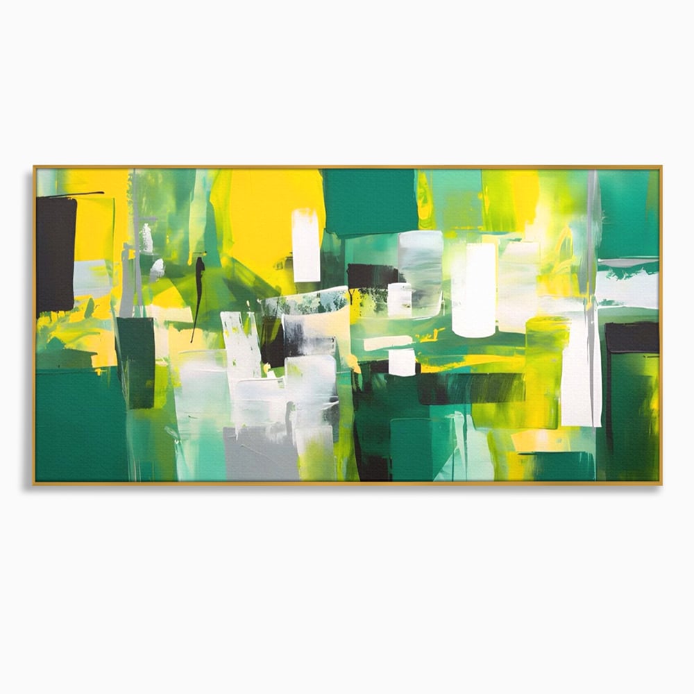 Tablou canvas cu pictura abstracta cu pete verzi si galbene, in rama de aluminiu auriu