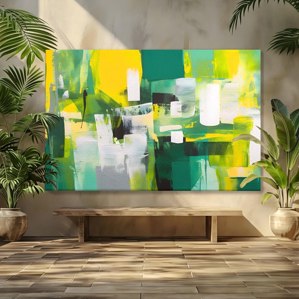 Tablou canvas cu pictura abstracta cu pete verzi si galbene, fara rama, pe sasiu de lemn