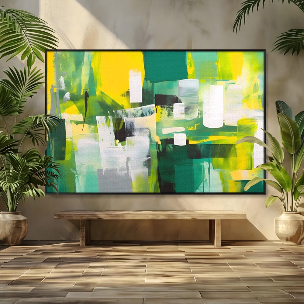 Tablou canvas cu pictura abstracta cu pete verzi si galbene, in rama de aluminiu negru