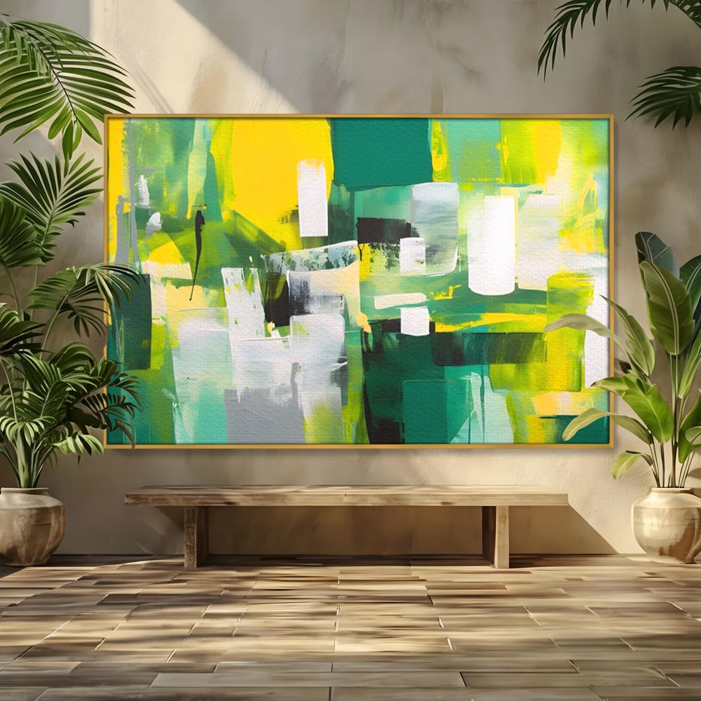 Tablou canvas cu pictura abstracta cu pete verzi si galbene, in rama de aluminiu auriu