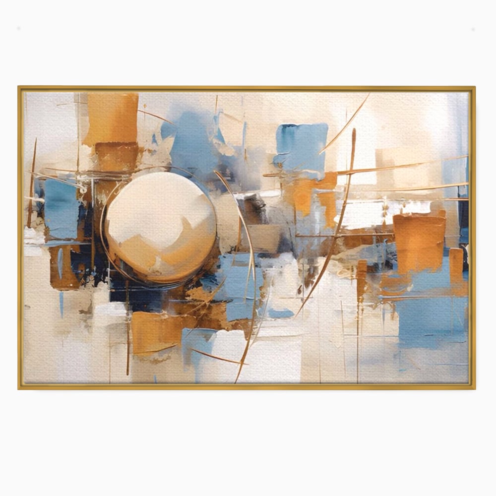 Tablou canvas cu pictura abstracta cu sfera si linii, in rama de aluminiu auriu