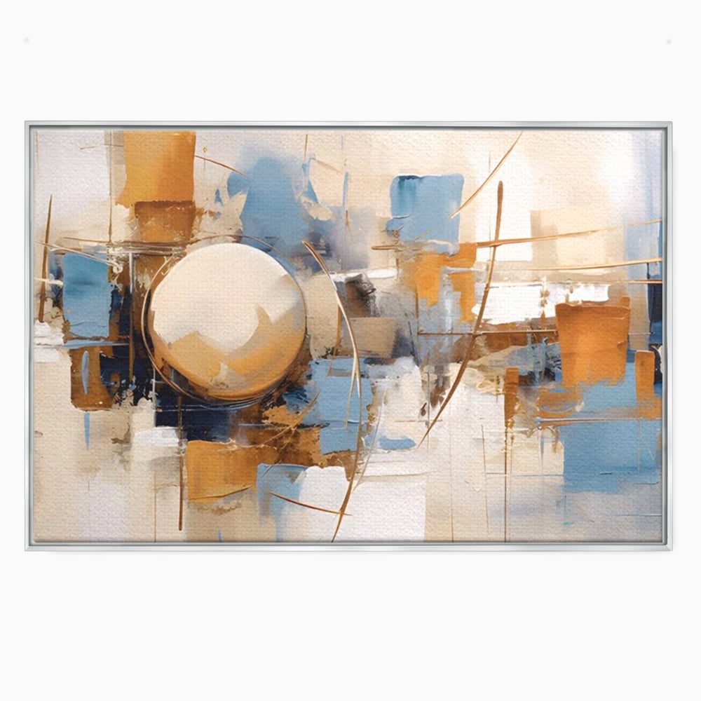 Tablou canvas cu pictura abstracta cu sfera si linii, in rama de aluminiu argintiu