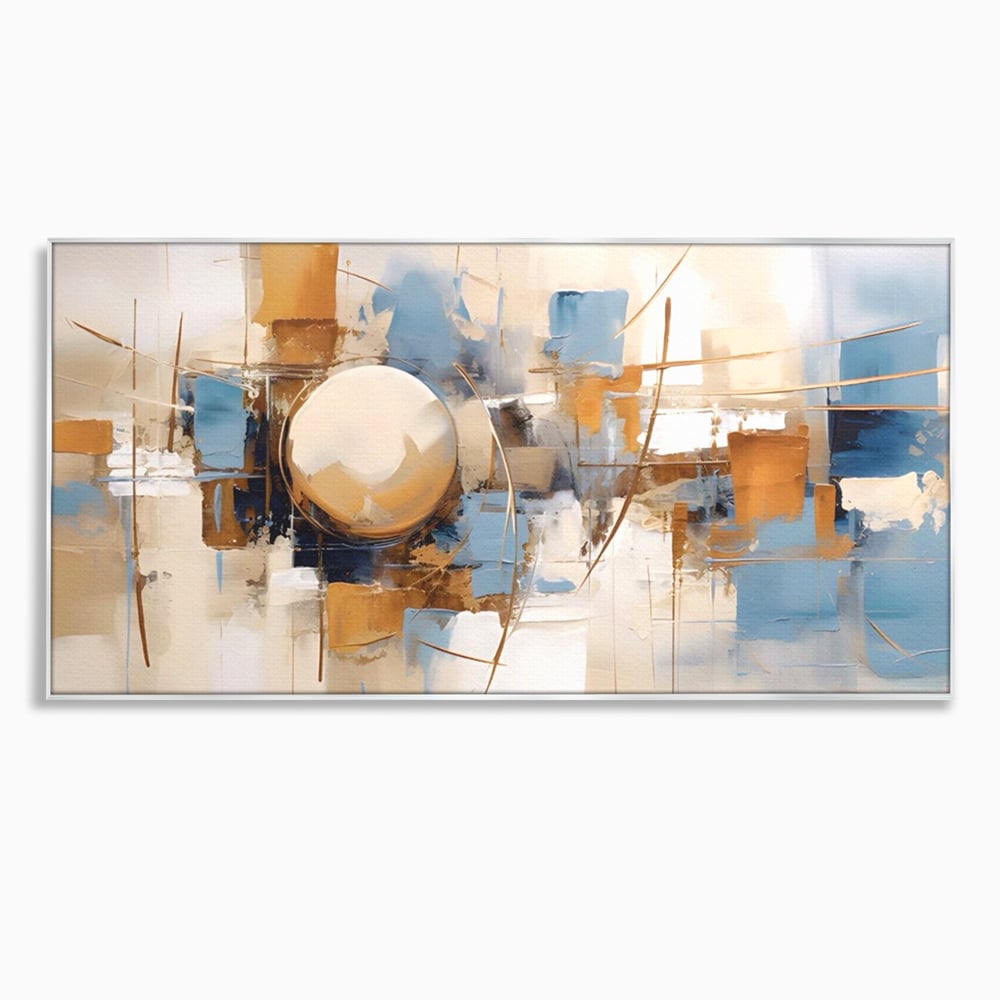 Tablou canvas cu pictura abstracta cu sfera si linii, in rama de aluminiu argintiu