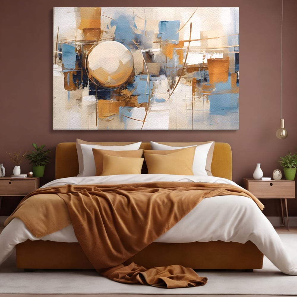 Tablou canvas cu pictura abstracta cu sfera si linii, fara rama, pe sasiu de lemn, pe perete intr-un dormitor