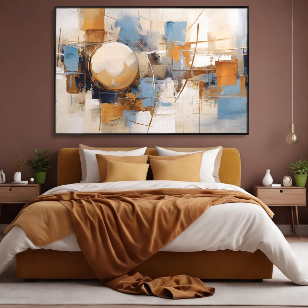 Tablou canvas cu pictura abstracta cu sfera si linii, in rama de aluminiu negru, pe perete intr-un dormitor