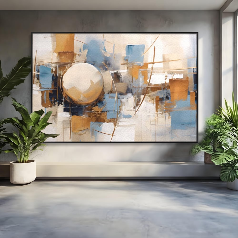 Tablou canvas cu pictura abstracta cu sfera si linii, in rama de aluminiu negru