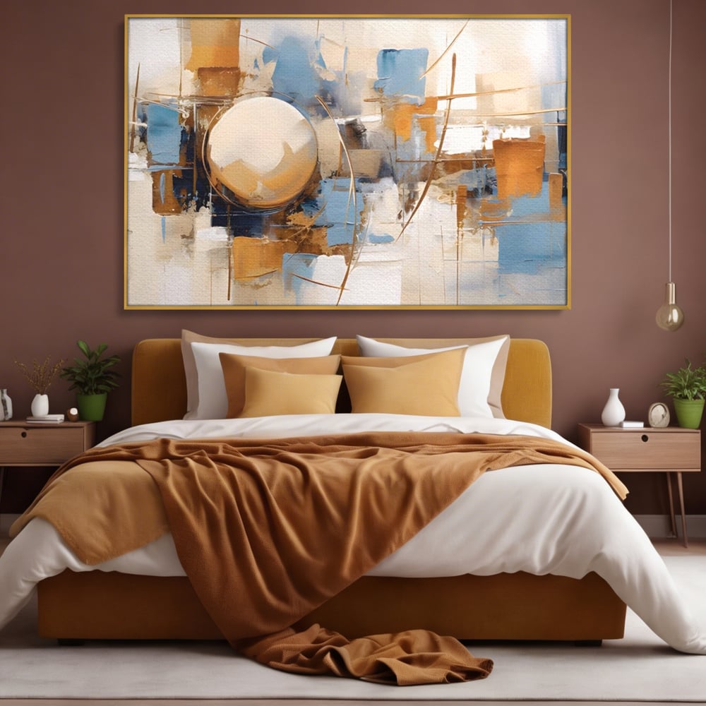 Tablou canvas cu pictura abstracta cu sfera si linii, in rama de aluminiu auriu, pe perete intr-un dormitor