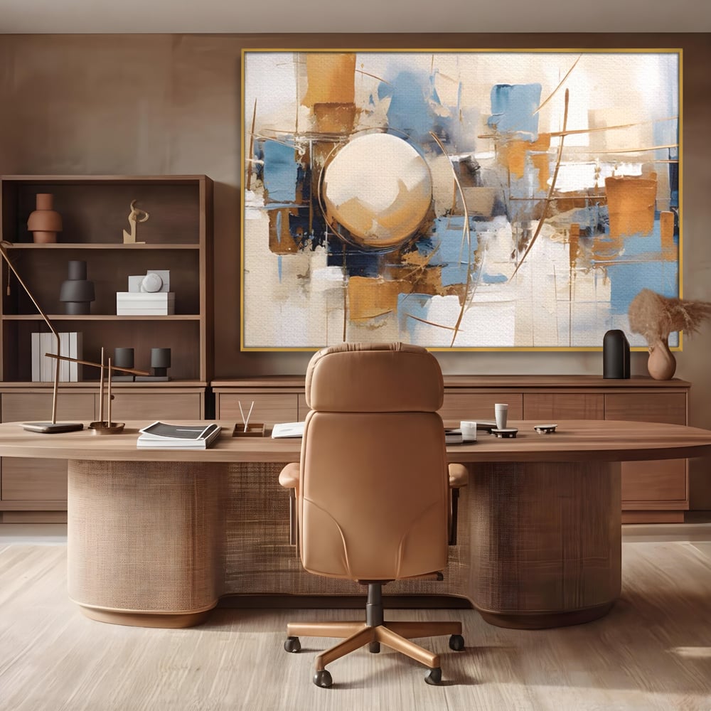 Tablou canvas cu pictura abstracta cu sfera si linii, in rama de aluminiu auriu, pe perete intr-un birou