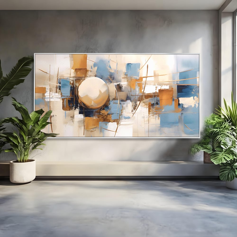 Tablou canvas cu pictura abstracta cu sfera si linii, in rama de aluminiu argintiu