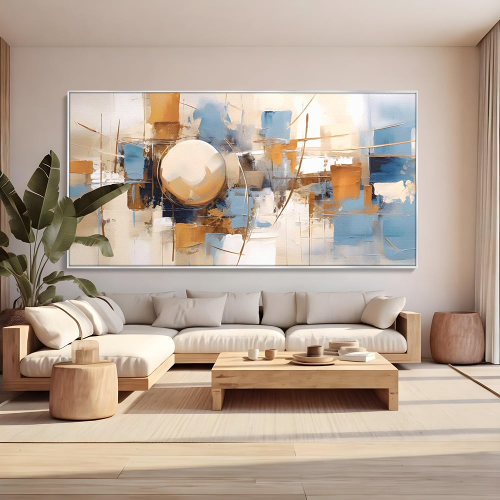 Tablou canvas cu pictura abstracta cu sfera si linii, in rama de aluminiu argintiu, pe perete intr-un living