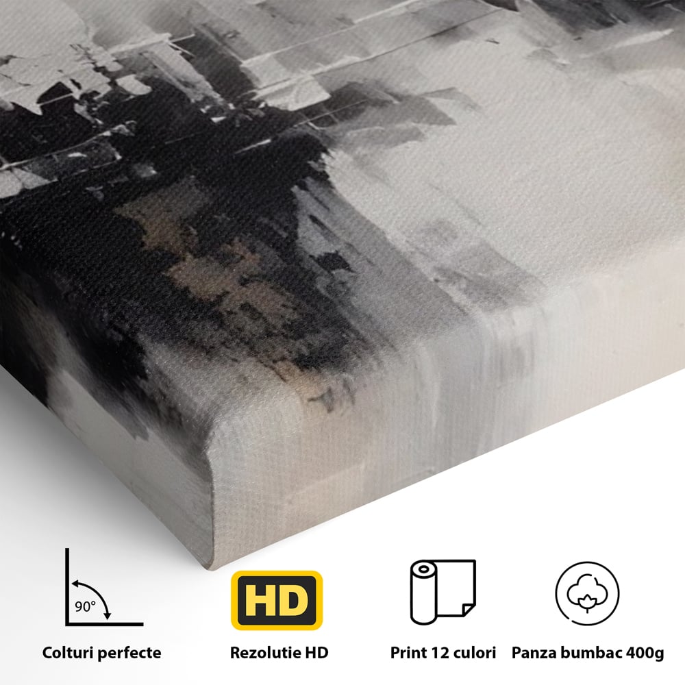 Detaliu al suprafetei: tablou canvas cu peisaj urban abstract gri, fara rama, pe sasiu de lemn