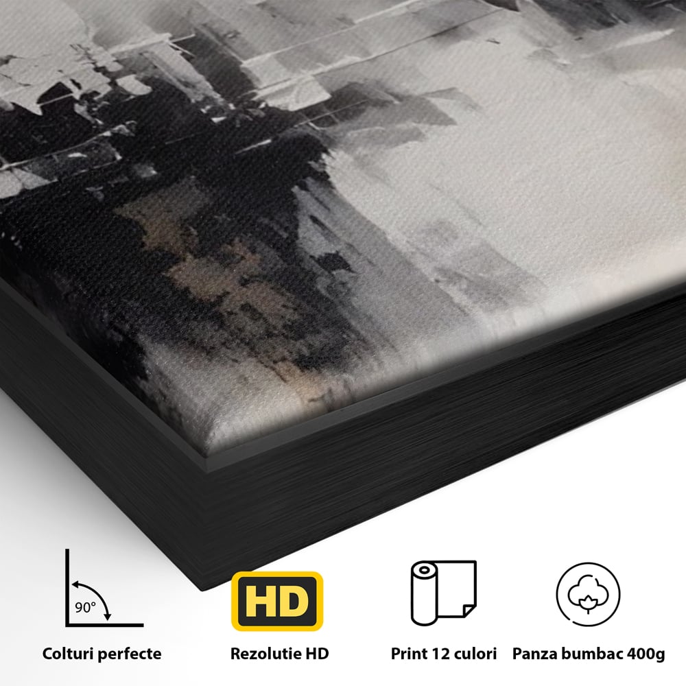 Detaliu al suprafetei: tablou canvas cu peisaj urban abstract gri, in rama de aluminiu negru