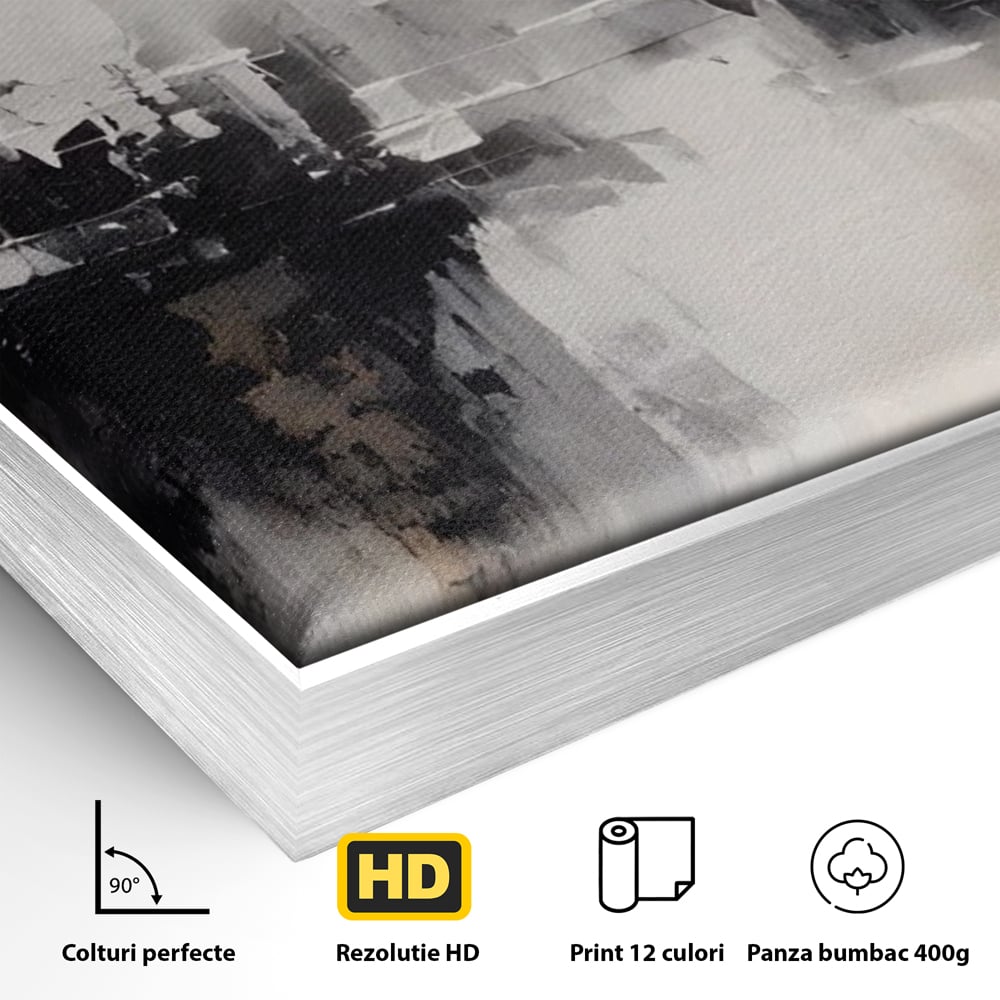 Detaliu al suprafetei: tablou canvas cu peisaj urban abstract gri, in rama de aluminiu argintiu