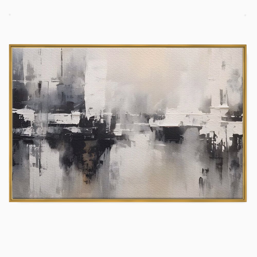 Tablou canvas cu tablou canvas cu peisaj urban abstract gri, in rama de aluminiu auriu