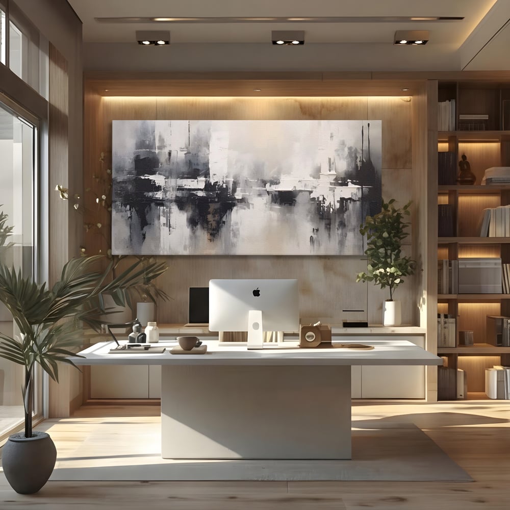 Tablou canvas cu tablou canvas cu peisaj urban abstract gri, fara rama, pe sasiu de lemn, pe perete intr-un birou