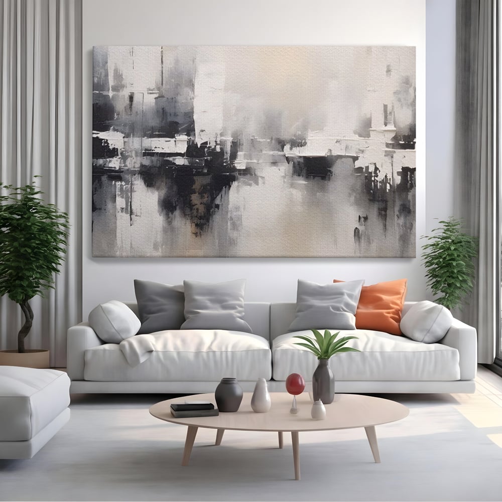 Tablou canvas cu tablou canvas cu peisaj urban abstract gri, fara rama, pe sasiu de lemn, pe perete intr-un living
