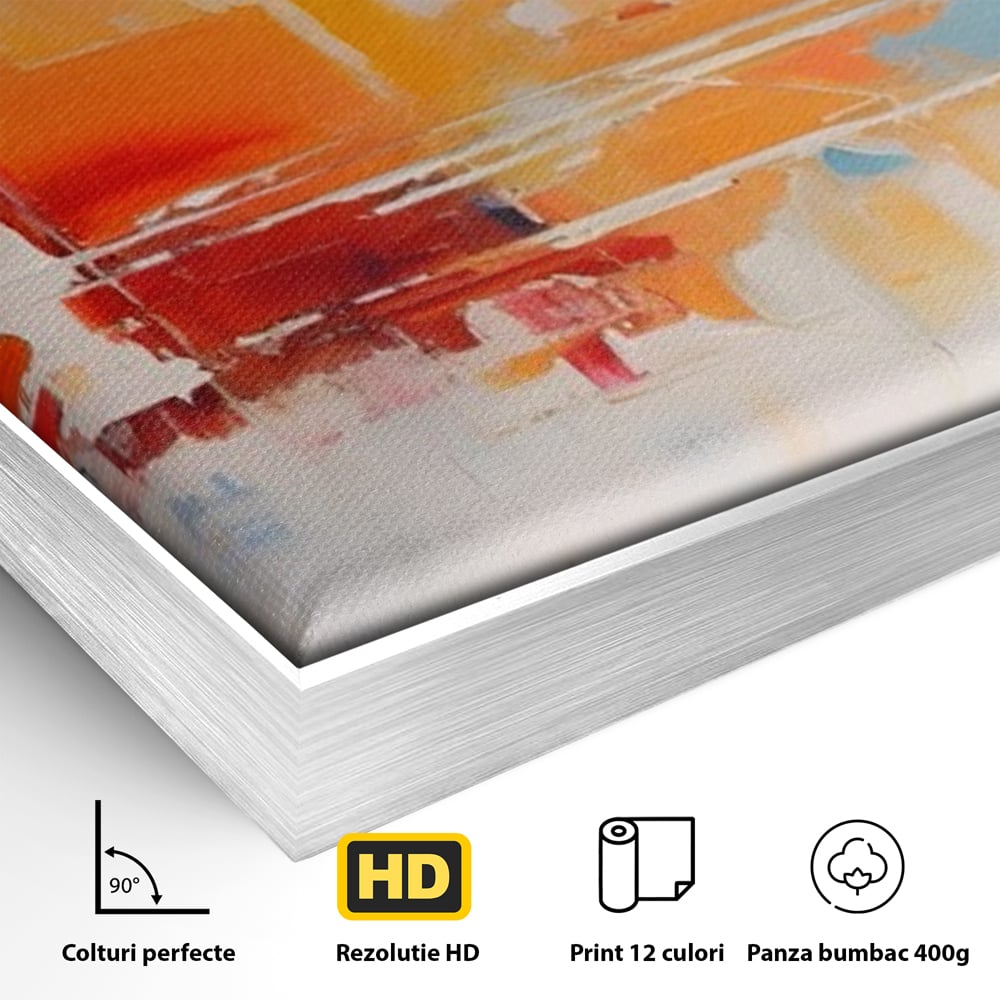 Detaliu al suprafetei: pictura abstracta cu peisaj urban, in rama de aluminiu argintiu