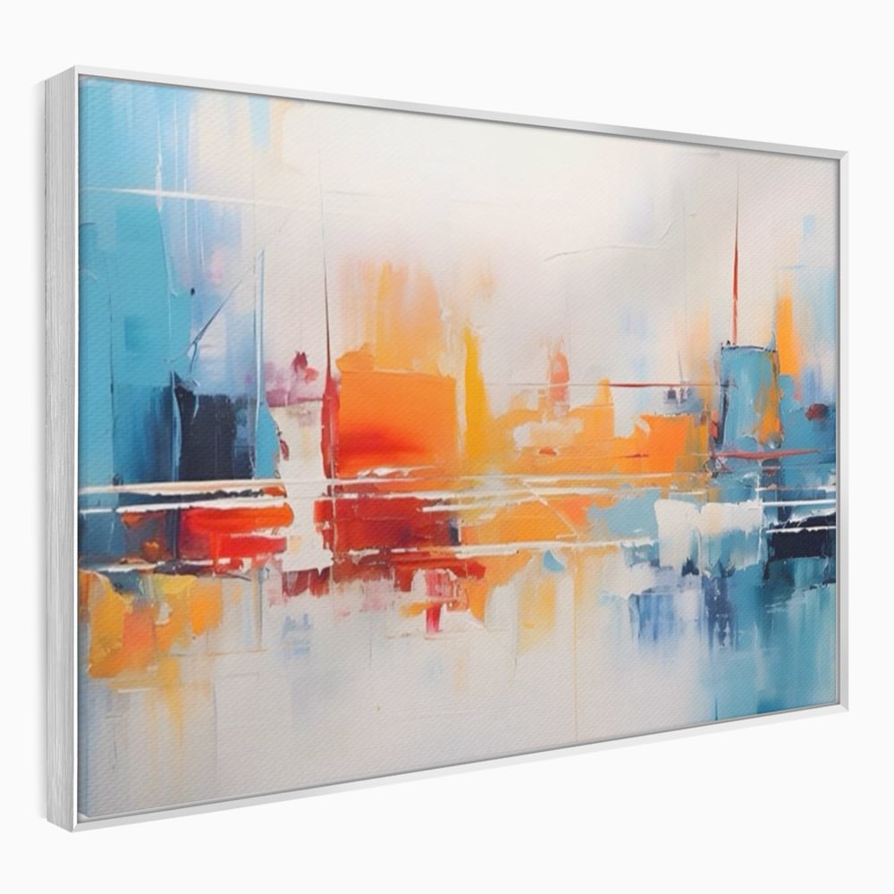 Tablou canvas cu pictura abstracta cu peisaj urban, in rama de aluminiu argintiu