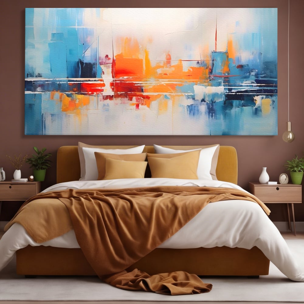 Tablou canvas cu pictura abstracta cu peisaj urban, fara rama, pe sasiu de lemn, pe perete intr-un dormitor