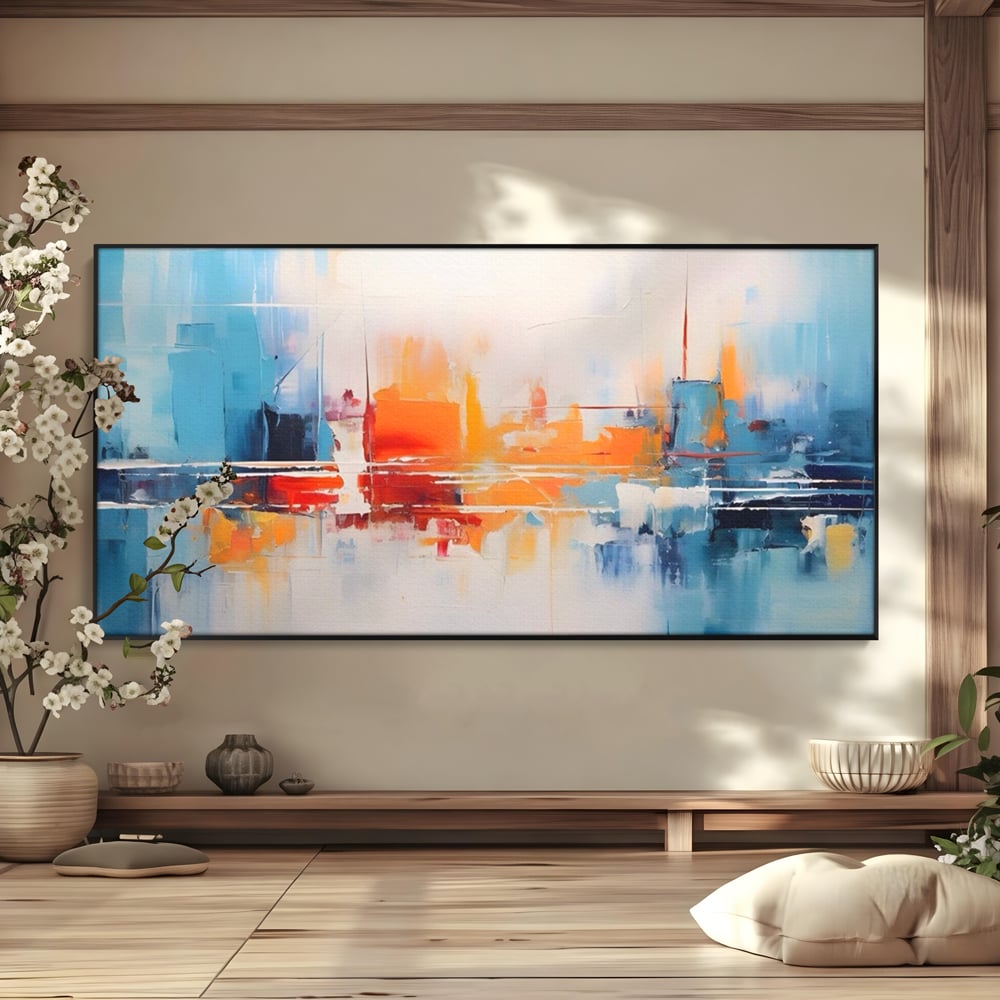 Tablou canvas cu pictura abstracta cu peisaj urban, in rama de aluminiu negru