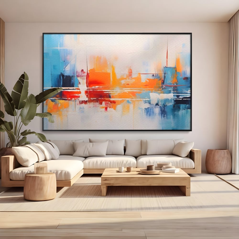 Tablou canvas cu pictura abstracta cu peisaj urban, in rama de aluminiu negru, pe perete intr-un living