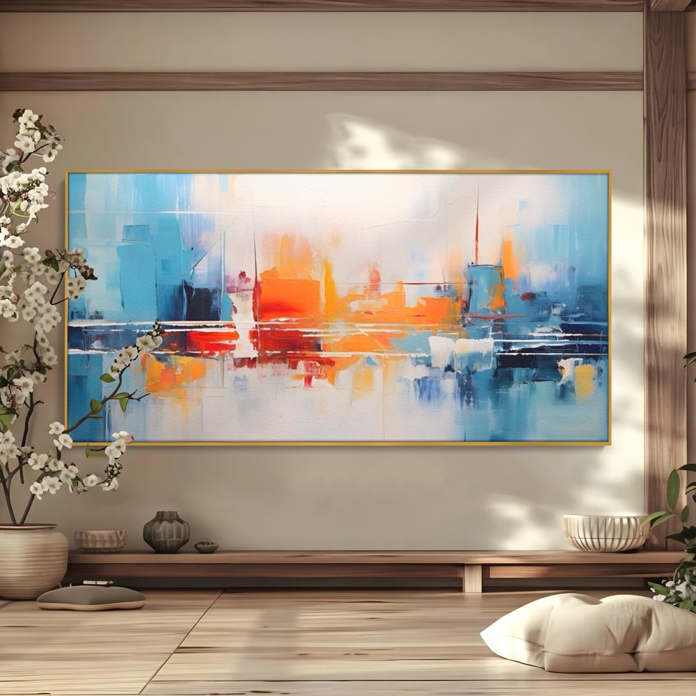 Tablou canvas cu pictura abstracta cu peisaj urban, in rama de aluminiu auriu