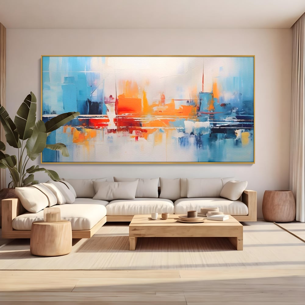 Tablou canvas cu pictura abstracta cu peisaj urban, in rama de aluminiu auriu, pe perete intr-un living