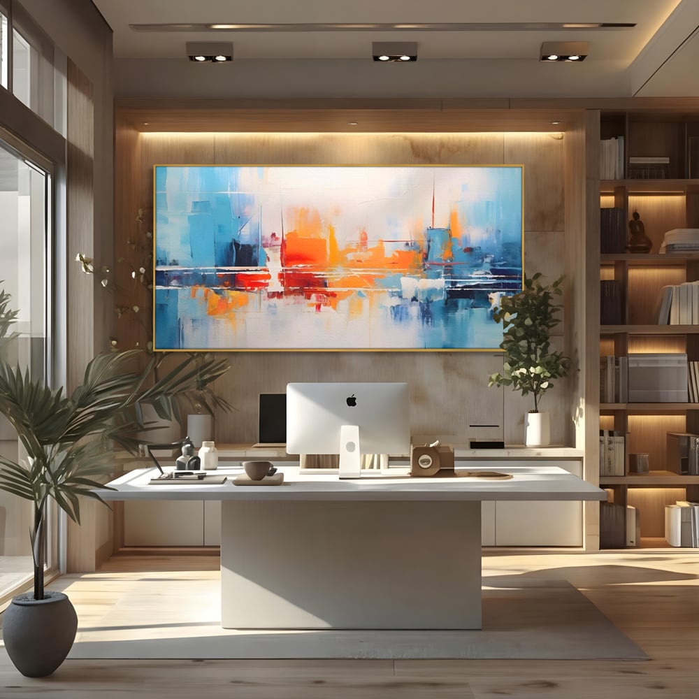 Tablou canvas cu pictura abstracta cu peisaj urban, in rama de aluminiu auriu, pe perete intr-un birou