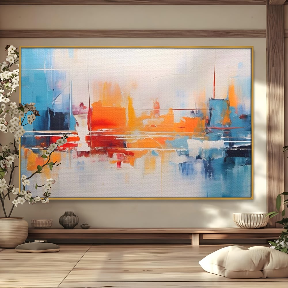 Tablou canvas cu pictura abstracta cu peisaj urban, in rama de aluminiu auriu