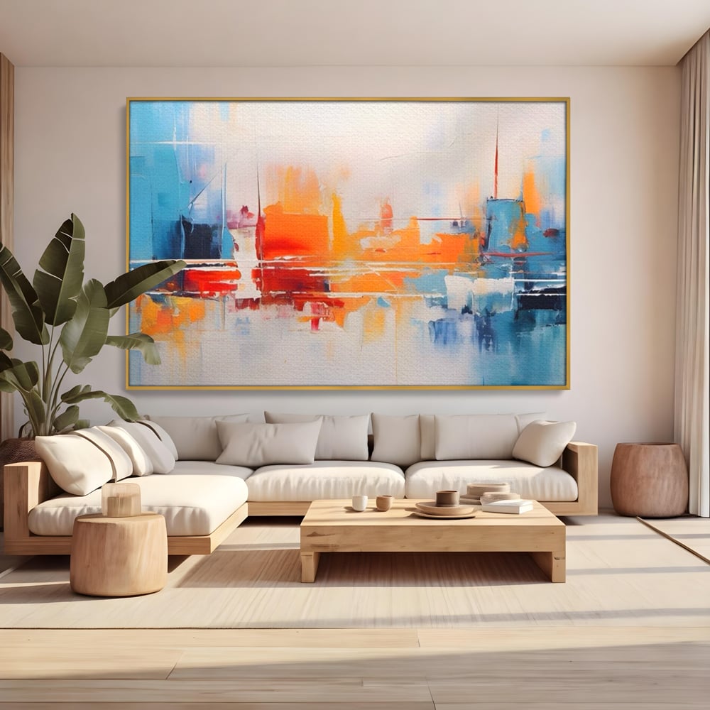 Tablou canvas cu pictura abstracta cu peisaj urban, in rama de aluminiu auriu, pe perete intr-un living