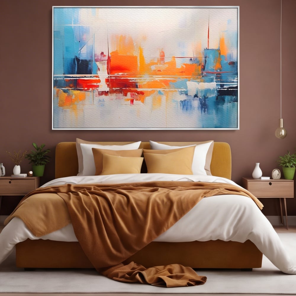 Tablou canvas cu pictura abstracta cu peisaj urban, in rama de aluminiu argintiu, pe perete intr-un dormitor