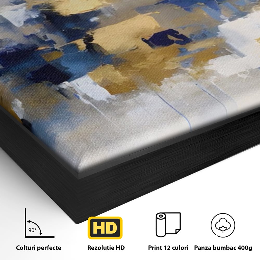 Detaliu al suprafetei: tablou abstract cu pete aurii si albastre, in rama de aluminiu negru